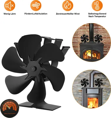 Obrázok produktu pre Fiqops krbový ventilátor so 6 lopatkami, elektrický ventilátor pre krbové kachle na drevo, tichá prevádzka, ventilátor krbových kachlí na drevo / horáky na drevo / krb s teplomerom