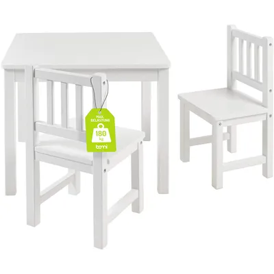 Produktbild von BOMI® Kindertisch mit 2 Stühlen Amy aus Kiefer Massiv Holz für Kleinkinder, Mädchen und Jungen Weiß