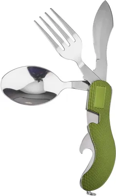 A multi-tool camping cutlery set with a spoon, fork, knife, and bottle opener, all attached to a green handle.