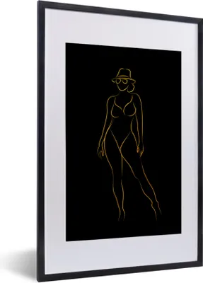 Produktbild von MuchoWow® Gerahmtes Poster Sonnenbrille - Schwarz - Gold - Linienkunst 40x60 cm - Poster mit Schwarzem Bilderrahmen Wandposter Rahmen Foto Bilder - Poster in Rahmen