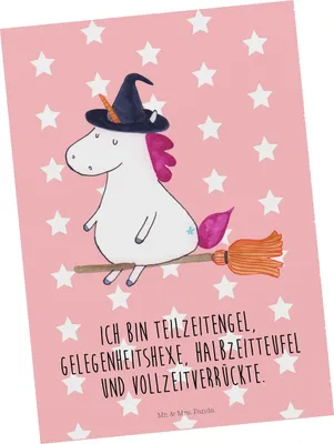 Produktbild von Mr. & Mrs. Panda Postkarte Einhorn Hexe - Rot Pastell - Geschenk, Einhörner, Geburtstagskarte, Unicorn, Zicke, Ansichtskarte, Ansichtskarten, Dankeskarte, Einhorn Deko