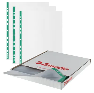 Immagine prodotto di Custodie trasparenti A4, marca Esselte, confezione da 500, spessore 43 micron, con stampa A4