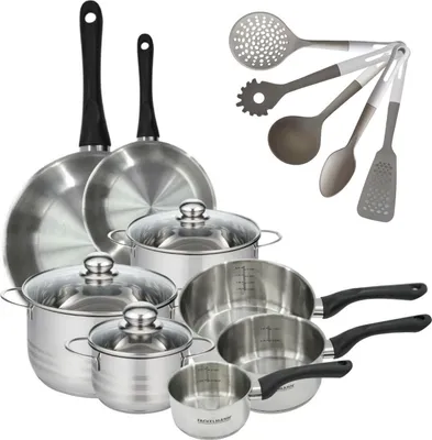 Image de Batterie cuisine 2 poêles 20/28 cm 3 faitouts 16/20/24 cm 3 casseroles 12/16/20 cm 5 ustensiles Fackelmann Geneva