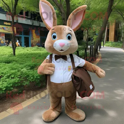 Produktbild von Brauner REDBROKOLY Hase Maskottchen Kostüm charakter bekleidet mit einem Hemd und Tragetaschen