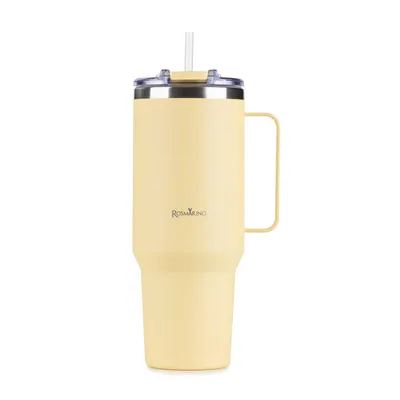 A yellow insulated tumbler with a handle and straw, presented against a white background.