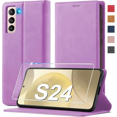 Productafbeelding van Beschermhoes voor Samsung Galaxy S24, kunstleer, paars, met kaarthouder en standaard, inclusief beschermfolie