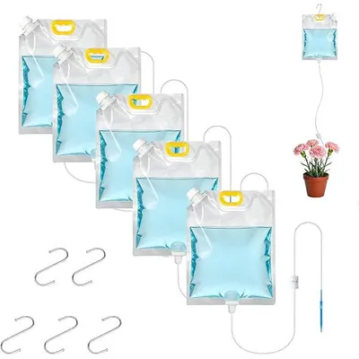 Produktbild von 5 Stück 5L Pflanzen Bewässerung Tropfbewässerungsbeutel, mit 5 haken e 5 Verstellbarem Durchfluss Ventilschalter, Automatische Bewässerung, Bewässerungssystem für Urlaub & Alltag Blumentopf