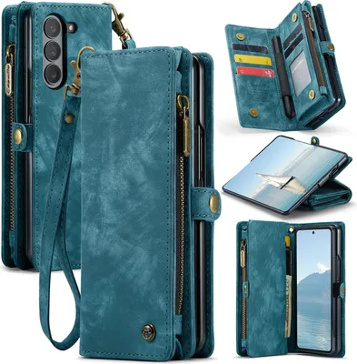 Image de Etui pour Samsung Galaxy Z Fold 6, étui en cuir multifonctionnel vintage avec fentes pour cartes et fermeture éclair bleu