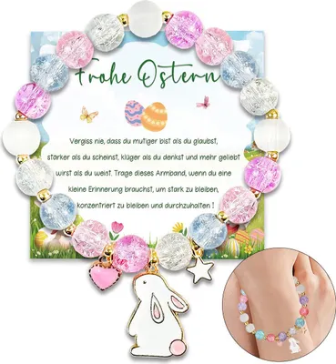 Produktbild von Oster Geschenk für Mädchen, Kinder Armband mit Hasenmotiv, bunt, inklusive Osterkarte, Party Mitgebsel für 4–12 Jahre