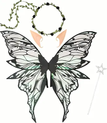 Produktbild von Feenflügel für Erwachsene und Mädchen, Schmetterlingsfeen-Kostümset mit Blumengirlande, Zauberstab, Elfenohren, Farbverlauf-Organza-Schmetterlingsflügel für Cosplay-Halloween-Party