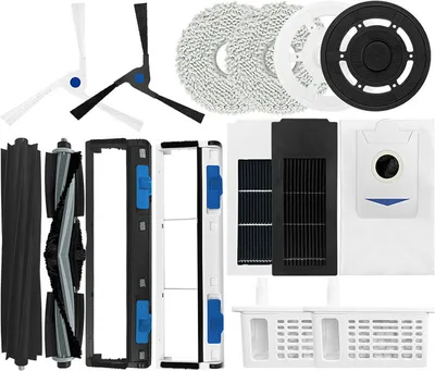 A collage of replacement parts for a robotic vacuum cleaner.