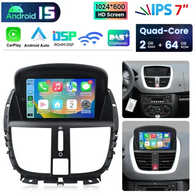 Image de Autoradio 7 pouces CarPlay/Android 15 pour Peugeot 207 (2006-2015) avec GPS, Wi-Fi, Bluetooth, DAB+, SWC, USB, DSP, 2 Go + 64 Go