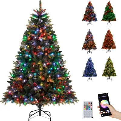 A decorated Christmas tree with colorful lights, surrounded by smaller images of different colored Christmas trees, a remote control, and a smartphone app interface.