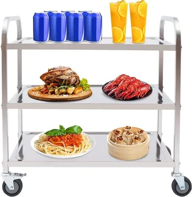 Produktbild von Edelstahl Küchenwagen, 3 Lagen Servierwagen Rollwagen Transportwagen mit Rollen Tragfähigkeit jeder Schicht 25kg für Restaurants 85x45x90cm
