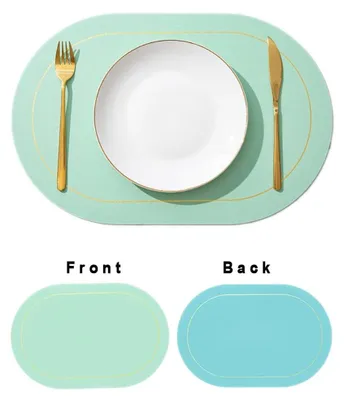 6er-Set ovale Leder-Tischsets 45×30 cm, zweifarbig, Grün+Blau