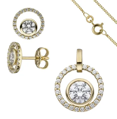 Produktbild von Schmuck-Set aus 333 Gold Gelbgold mit Zirkonia Ohrstecker Anhänger Kette 42cm