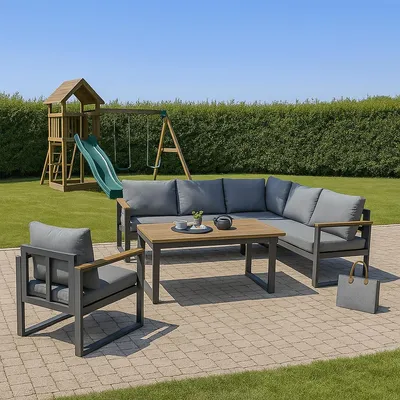 Produktbild von Gartenlounge Cube Essgruppe Anthrazit Ecksofa verstellbar Aluminium/Holz – 22380A
