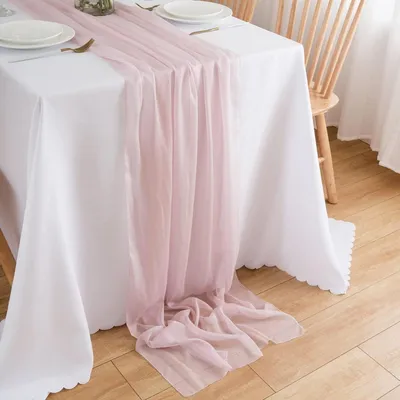 Zdjęcie produktu dla Chiffonowa serweta na stół, dekoracja stołu na wesele, tkanina, jasnoróżowa, 70 x 300 cm