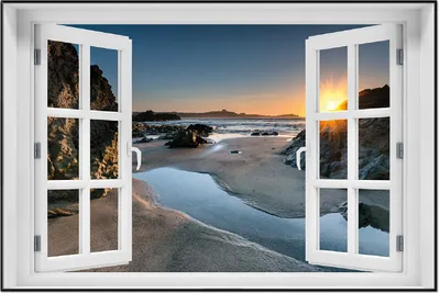 Produktbild von Wallario Wandbild mit Fenster-Illusion: Sonnenuntergang hinter einem Felsen am Strand, Größe: 61 x 91,5 cm, Poster mit schwarzem Aluminiumrahmen