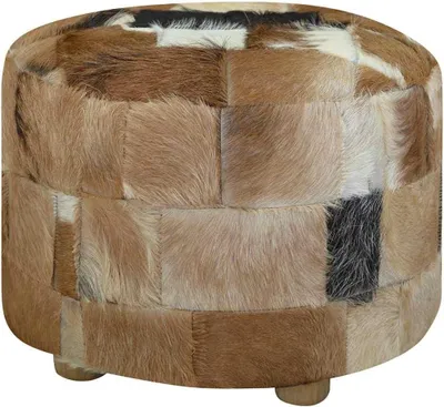 Produktbild von Handgefertigter Hocker, Sitzhocker, Pouf, Lederhocker, Fellhocker, Fußhocker und Rundhocker aus echtem Ziegenfell, rund, 50x50x45cm, mehrfarbig