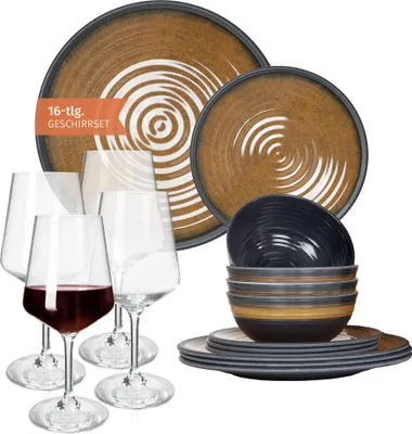 Produktbild von Melamin Camping Geschirr Set 4 Personen Stone Curry + 4 Milano Rotwein Gläser Rot Weingläser Tafelgeschirr Picknick BBQ Kochgeschirr