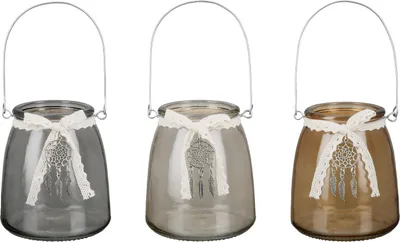 Produktbild von Gilde Windlicht, "Dreamcatcher", Traumfängermotiv, Glas, beige, braun, grau, H. 13 cm, D. 11.5 cm 50627 4063387506271 3 Stück (3-fach sortiert)