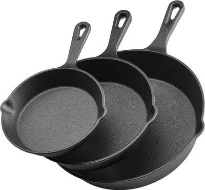Produktbild von 3-teiliges Gusseisenpfannen Set 160/220/265 mm - Bratpfannen und Kochpfanne in Schwarz