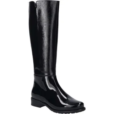 A single black patent leather boot shown from the front.