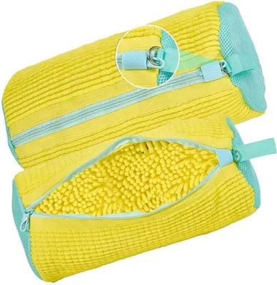 Produktbild von Unyqoos® Wiederverwendbarer Schuh-Waschbeutel aus Chenillefasern, Gelb, 39x19 cm – Klick-Reißverschluss, maschinengeeignet, Reise- & Aufbewahrungstasche