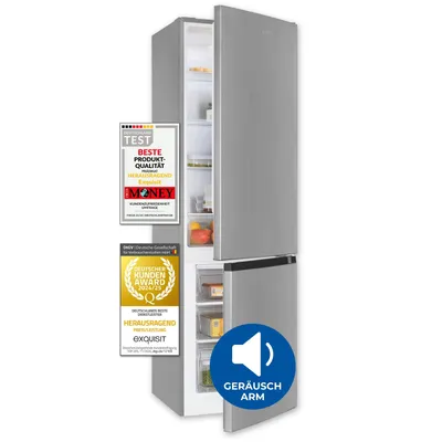 Produktbild von Exquisit Kühl-Gefrierkombination, 262 Liter, 4 Glasablagen, 3 Gefrierschubladen, Kühlschrank mit 4-Sterne-Gefrierfach, KGC265-70-040D inoxlook