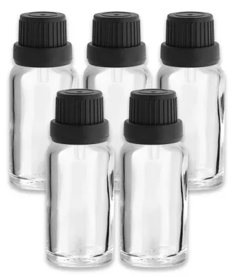 Produktbild von 5x Klarglasflasche 20 ml mit schwarzem Tropfer leere Medizinflasche