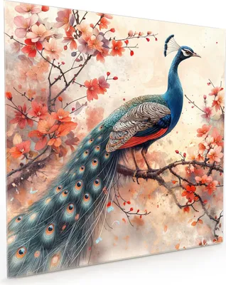 Produktbild von Küchenrückwand Spritzschutz Glas mit Motiv Pfau und Blüten 40 x 40 cm