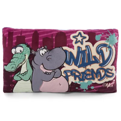 A cartoon-style pillow featuring a crocodile and a hippopotamus with graffiti-style text.