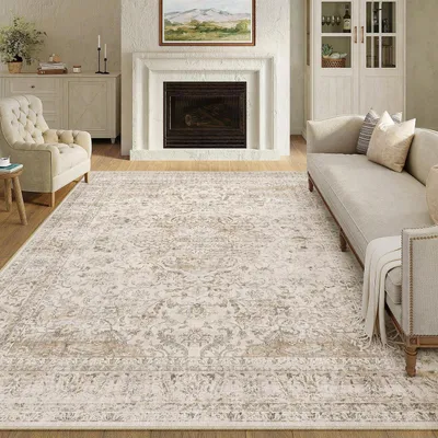 Image de Tapis vintage pour salon, 240x300 cm, beige, lavable, aspect vieilli
