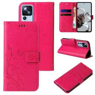 Produktbild von Handyhülle für Xiaomi 12T / 12T Pro Floral Blumen Schmetterling Flip Cover Hülle Case Klapphülle Handytasche Farbe: Pink