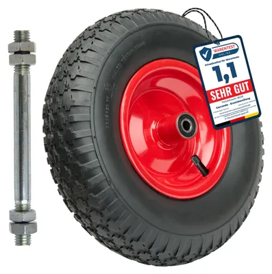 Produktbild von GARRONDA Ersatzrad Schubkarre 4.00-6 Schubkarrenrad Ø 320 mm Luftreifen 2PR Reifen bis 90 kg mit Achse Stahlfelge Kugellager für Gartenwagen Hof Baustelle GD-0163, Schwarz-Rot