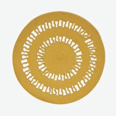 Image de Tapis rond en coton Unyqoos®, diamètre 90 cm, couleur moutarde – Style rétro-bohème, tissé à la main, épaisseur 0,5 cm