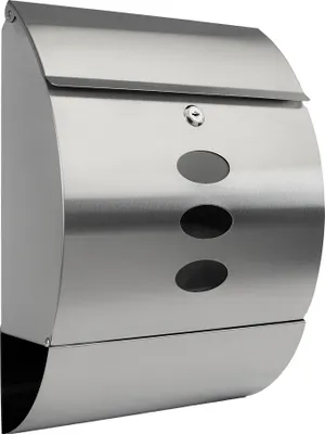 A stainless steel mailbox with three oval windows and a lock is shown against a white background.
