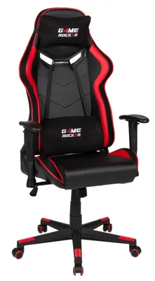 A gaming chair with a black and red color scheme, shown from the front.
