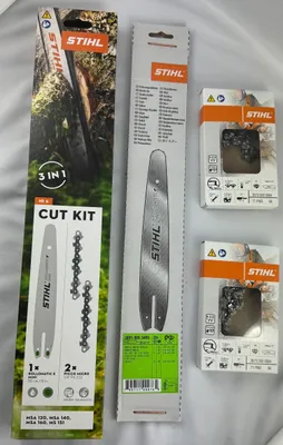 Several Stihl branded product packages are laid out on a white and light gray surface.