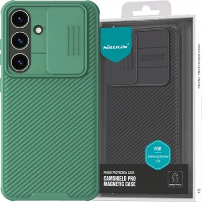 A green phone case is shown next to its packaging, which displays a black version of the same case.