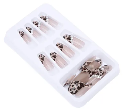 Produktbild von 24 Stück Kunstnägel mit Leopardenmuster und Kunstperlen für Mädchen – Vollabdeckende Kunstnagelspitzen – Maniküre-Set