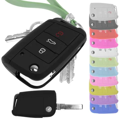 Produktbild von Auto Schlüssel Hülle Silikon Schutz Cover Schwarz kompatibel mit Golf 7 Polo 6C Seat Ateca Arona Leon Skoda Octavia Superb Kodiaq 3 Tasten Klappschlüssel