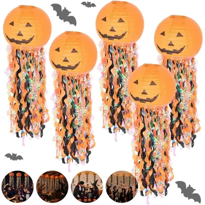 Produktbild von Halloween-Laternen - Set mit 5 Kürbislaternen - Hängend - Wiederverwendbar - Papierdekoration für Party und Zuhause