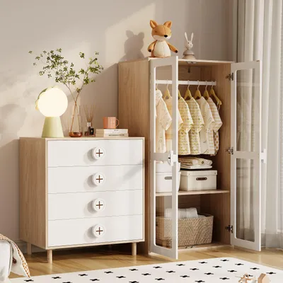 Produktbild von STILVORA Wohnzimmermöbel-Set mit Nachtschränkchen&Kleiderschrank,Möbelset mit Glastüren&Schubladen,Wohnzimmerset aus MDF,weiß+Holzfarbe