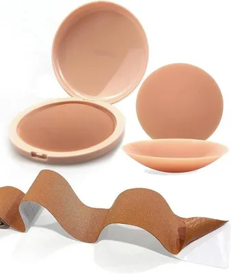 Produktbild von Famanu Silikon-Nippelabdeckungen, ultradünn und unsichtbar - 8 cm, wiederverwendbar, selbstklebend, mit Brustband (2 m)