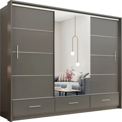 Produktbild von Schwebetürenschrank Bolonia 250, 3 Türen Kleiderschrank mit 1 Spiegel, Moderne Garderobe, Schrank in Größe: 255 x 225 x 61 cm