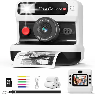 Produktbild von Kinderkamera Sofortbildkamera, 1080P HD Sofortbildkamera Kinder mit 32 GB Karte und 3 Papierrollen, Kinderspielzeug mit Zwei Objektiven