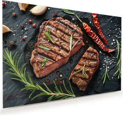 Produktbild von Glasbild 60x40cm in XXL für Wohnzimmer, Schlafzimmer Motiv Gegrilltes Steak