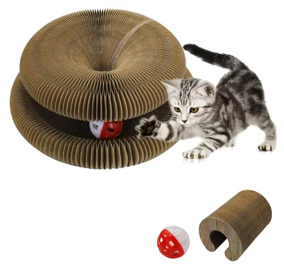 Produktbild von Kratzbrett für Katzen mit Spielball aus Wellpappe, Faltbar und Interaktiv